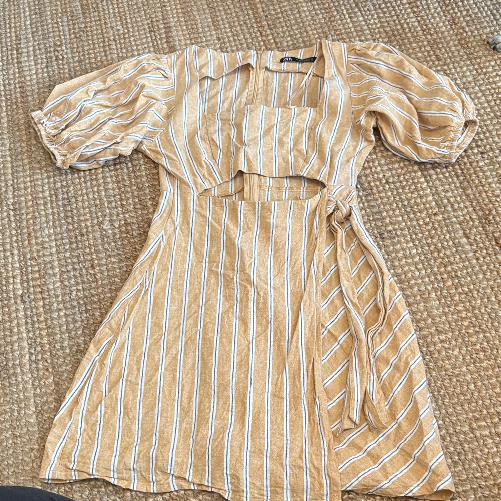 Zara Asymmetrical Tan and White Striped Dress with cutout